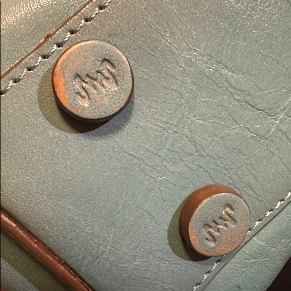 MONSAC Blue Genuine Leather Gold Accent Mini Barrel Bag with Bamboo Handles - Picture 6 of 9